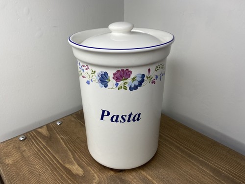 Large bhs priory white , purple & blue floral ceramic pasta pot / jar with lid - Picture 3 of 12