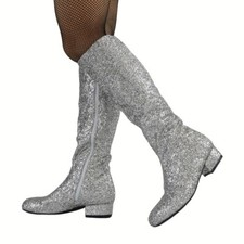 Bling Women's Glitter Sequins Knee High Boots Mid Calf Shoes Flat Low Heel Stage