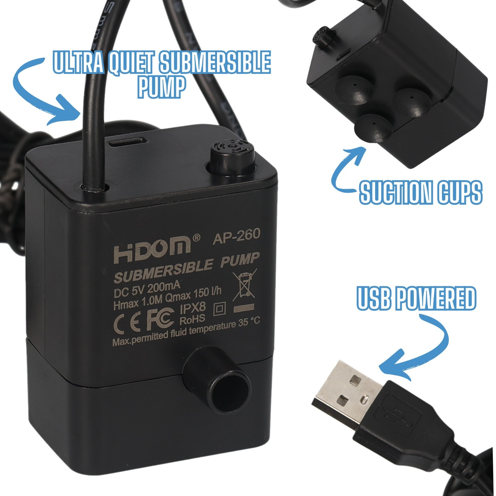 Bomba de agua compacta USB sumergible para bomba de fuente de agua interior/jardín