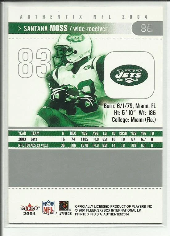 2004 Fleer Authentix #86 Santana Moss New York Jets - Image 2 of 2