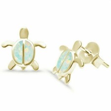 Cute Yellow Gold Plated White Opal Turtle .925 Sterling Silver Earrings