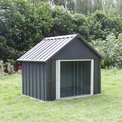 Large Metal Dog House Waterproof Outdoor Pet Shelter Dog Kennel Cage Gray Steel