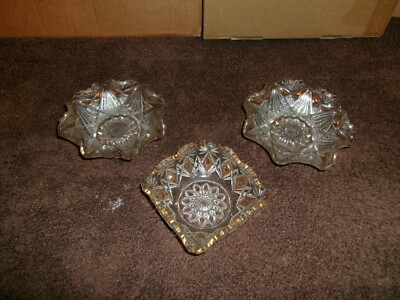 Three Antique Very Small Clear Glass with Gold Trim Dishes with Ruffled Rims