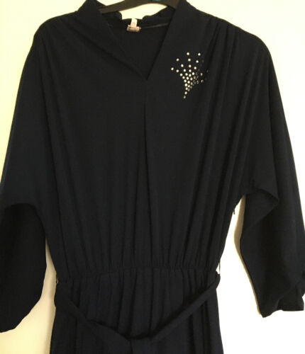 VINTAGE NAVY BLUE MAXI EVENING DRESS 3/4 SLEEVE DIAMANTÉ DETAIL Med - Picture 3 of 9