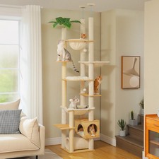 Height Adjustable Wooden Cat Tree with Large Hammock Sisal Scratching Post Floor