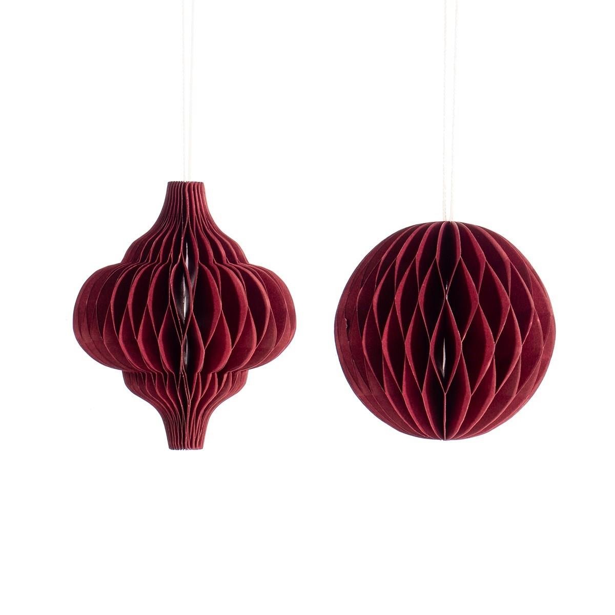 Crimson Red Honeycomb Paper Christmas Baubles Set of 2 - 10cm Decorations
