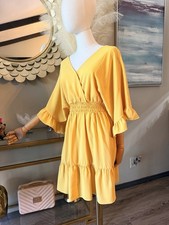 Yellow V-Neck Ruffle Flared Sleeve Short A-Line Dress with Elastic Waist