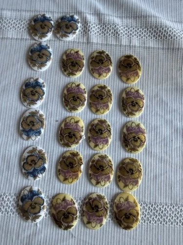 Vintage Lot 20  Pcs Porcelain Flower Cabochons 30x40mm Purple & Gold Iris Flower - product listing photo