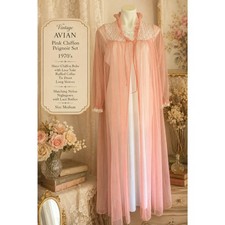 Vintage Avian Pink Chiffon Peignoir Set 1970s Lace Robe Nightgown Nylon Medium