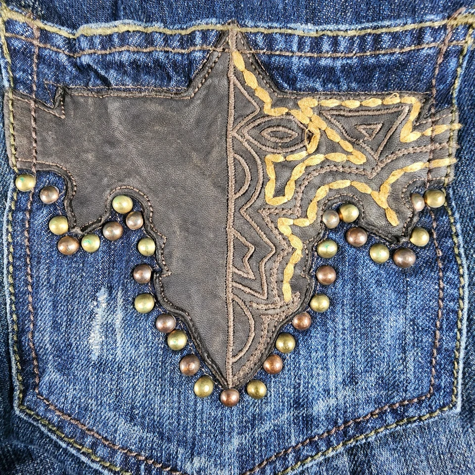 Antik Denim Jeans Men Size 42x32 Leather Patches Embroidered Pockets Western - Image 3 of 4