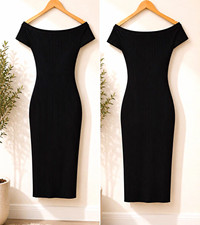 Women's Off-the-Shoulder Ribbed Knit Bodycon Midi Dress Black Stretch Size S