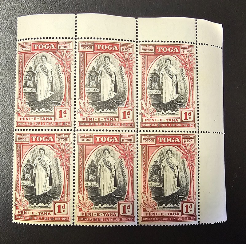 TONGA 1944 Silver Jubilee Sc 82. SG 83 Queen Salote's Ascession  BLK  of 6 MNH 