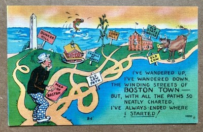 Paths of Boston Map Vintage Linen Postcard