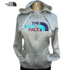 The North Face Womens Half Dome Full-Zip Hoodie L Gray Logo Thumbhole Rainbow
