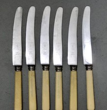 Vintage 6 Faux Bone Handle Dinner BUTTER KNIVES Monogram Cutlery Sheffield 23cm