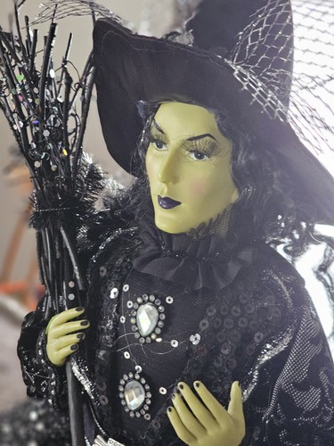 Halloween Witch Broomstick Black Dress Sequins Shelf Sitter Figurine 25” - Picture 8 of 21