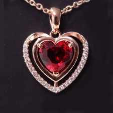 Womens 3 Ct Heart Simulated Ruby Pendant Necklace 14K Rose Gold Plated 18" Chain
