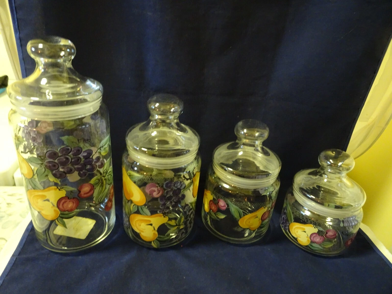 Set of Clear Glass Canisters (4) w. Fruit images-NOS-Plastic Seals