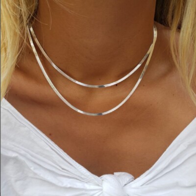 Solid 18K White Gold Filled TARNISH-FREE 2mm Thin Flat Snake Chain Necklace  E764