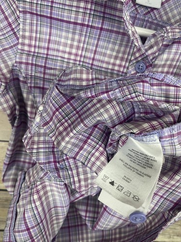 Columbia Girls Small Plaid Outdoor Shirt Short Sleeve Purple White Button Up Top - Picture 9 of 9