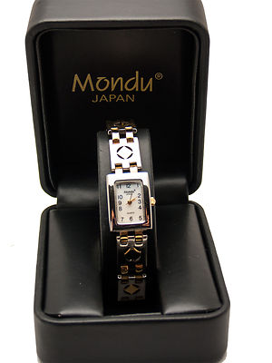 MONDU:WOMEN'S  GOLD/SILVER FINISH RECTANGLE CASE LINKS ANALOG QUARTZ WATCH 