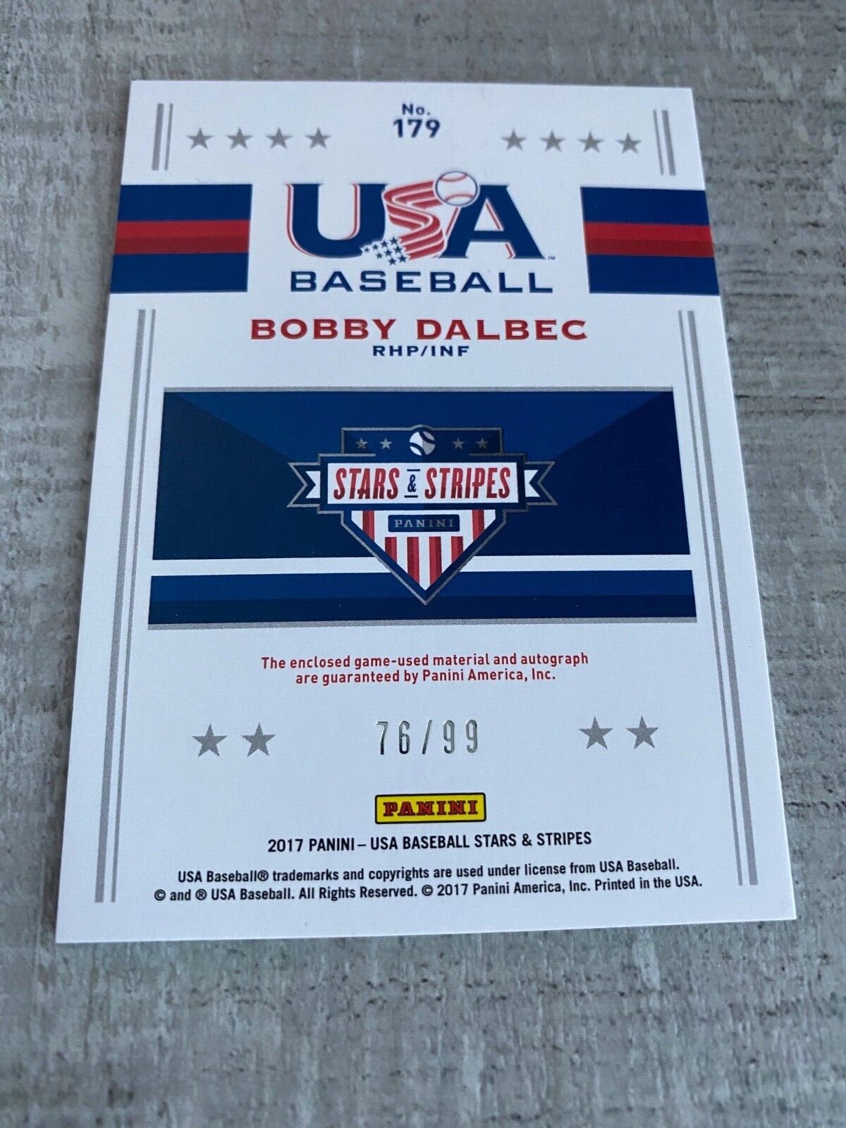 BOBBY DALBEC Autograph 2017 Panini USA Baseball Game Used JERSEY Auto #76/99✍️ view 4