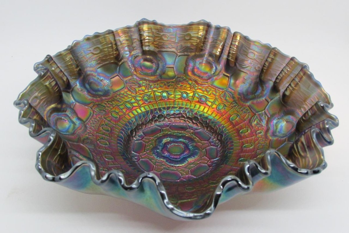 カーニバルガラス　CARNIVALGLASS フェントン FENTON USA Fenton Carnival Glass Blue Captive Rose Bowl 3/1 Edge Early