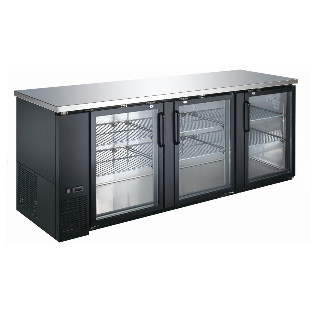 PEAKCOLD 90" Black Three Door Back Bar Cooler; Counter Height Glass Front Fridge