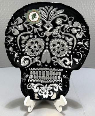 Sugar Skull Glass Dish Halloween Goth Skeleton Embossed Day of the Dead 8'' New