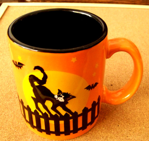 Halloween mug cup orange w/ black cat on fence, black interior coffee FREE SHIP