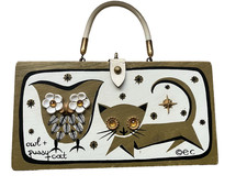 Vintage 1966 Enid Collins of Texas "Owl and Pussy Cat" wood box bag purse