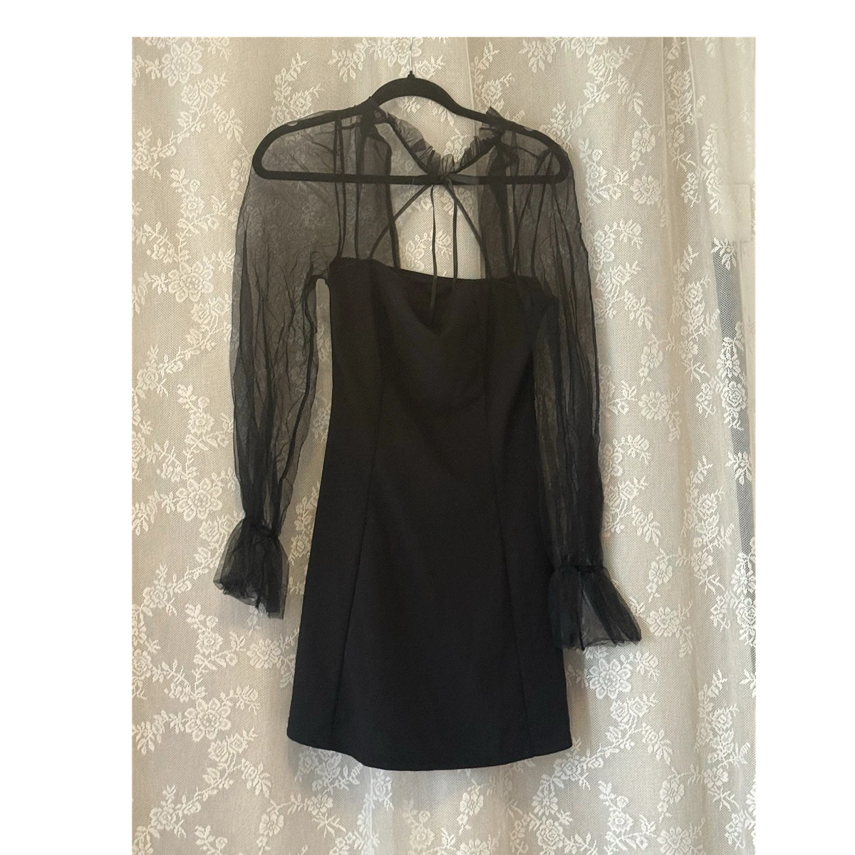 little black dress mesh sleeves Adele Embroidered Mesh Long Sleeve Dress in Black