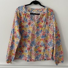 Croft & Borrow 100% Cotton Floral Popover Blouse L Ruffle Peasant Artsy Preppy