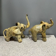 2 Vtg Elephant Figurines Crushed Oyster Shell Trunks Up Made Philippines EUC!