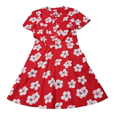 Crew Short Sleeve A Line Mini Dress Women's Red White Floral Pockets 