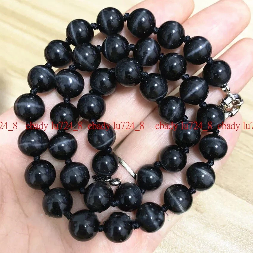 6/8/10/12mm Exquisito Collar de Cuentas Redondas de Piedras Preciosas de Ópalo Ojo de Gato Negro 18" Foto 3 de 4