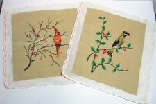 2 Completed Needlepoint Birds on Branches Canvas Pictures approx. 13" designs