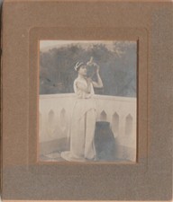 VINTAGE CABIN PHOTOGRAPH - GREECE GREEK GIRL WITH WATER TEST