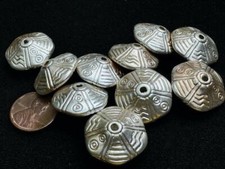 Vintage Large 12 x 22mm Incised Silver Tone Metalized Plastic Saucer Beads 10