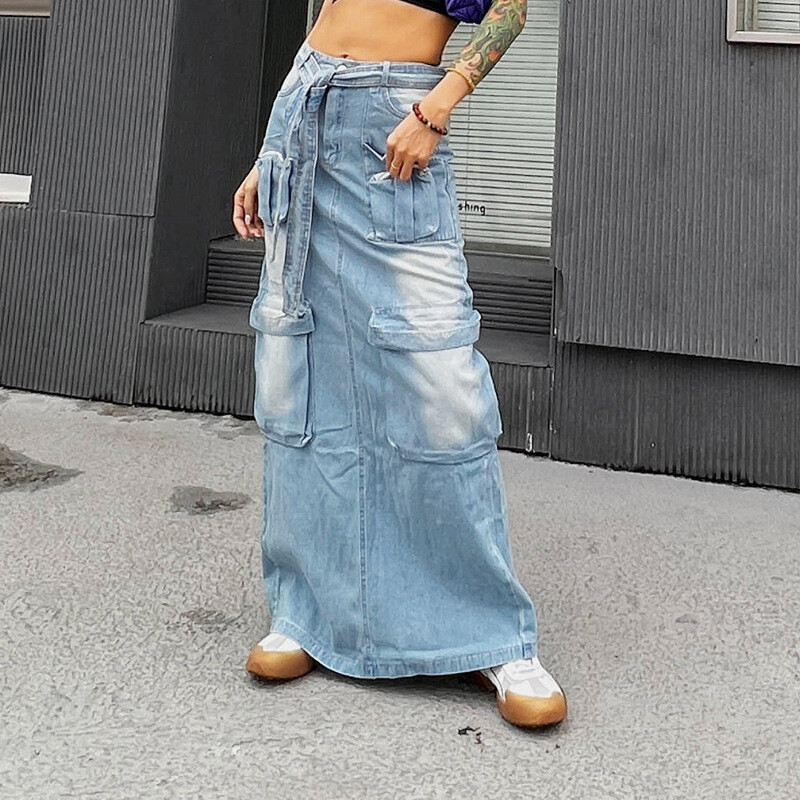Women Pocket Casual Vintage Soft Loose Denim Long Maxi Skirt