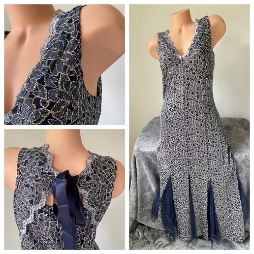 Evening Maxi Lace Dress S 4 Plunge V Navy Silver Grace 4986 Cottage Romantic