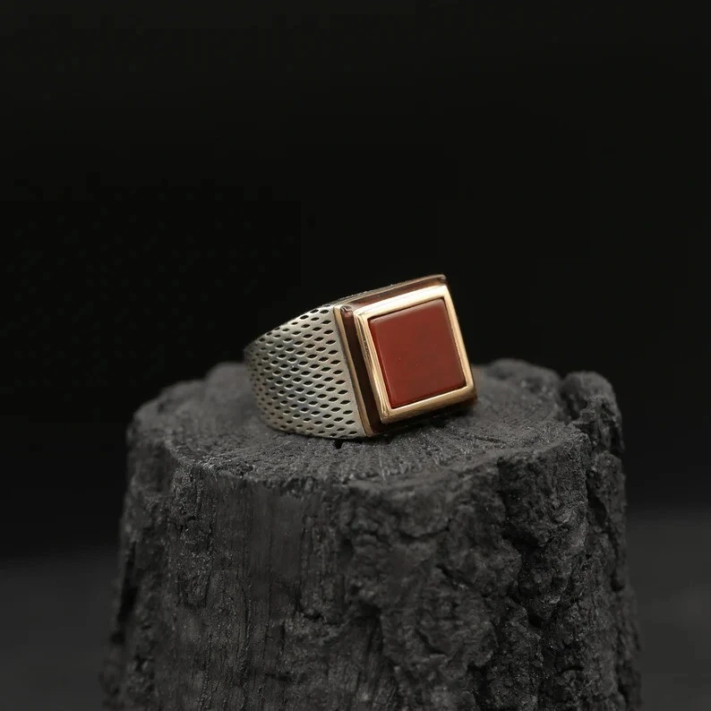 Anillo Plata Ágata Rojo Esterlina 925 Aqeeq Natural Hombre Sello Hecho a Mano Anillo Foto 3 de 4