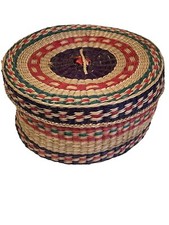Woven Basket With Lid 5.5  Red Green Decor Straw Container