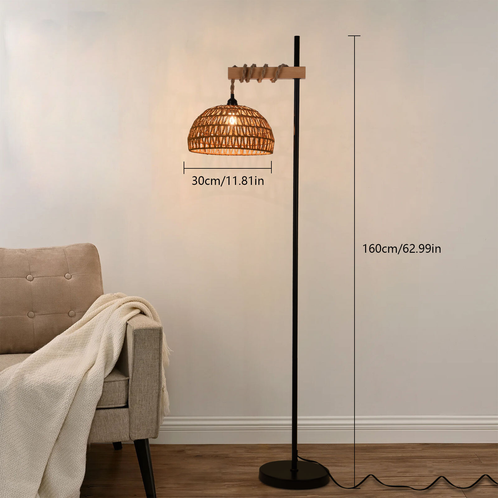 Tall Modern Floor Lamp with Rattan Shade for Bedroom Lighting