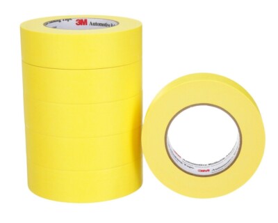 3M 06654 Crepe Paper Automotive Refinish Tape 1 1/2 Inch 6 Rolls, Yellow