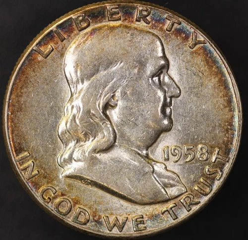 1958 FRANKLIN HALF DOLLAR BU RAINBOW TONED FROM A COLLECTION LOT AA-4636