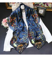 Women 100% Mulberry Silk 41"Square Scarf Shawl Floral Print Hand Rolled Gift US