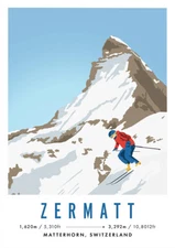 Zermatt, Matterhorn Switzerland Vintage Travel Ski Poster - Art Print