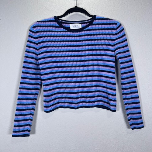 Zara Striped Knit Top Ribbed Long Sleeve Purple Blue Kids Girls Size 11-12 - Picture 6 of 7