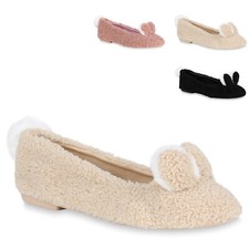 Damen Ballerinas Kunstpelz Slipper Pom Poms Slip-Ons 819088 Trendy Neu